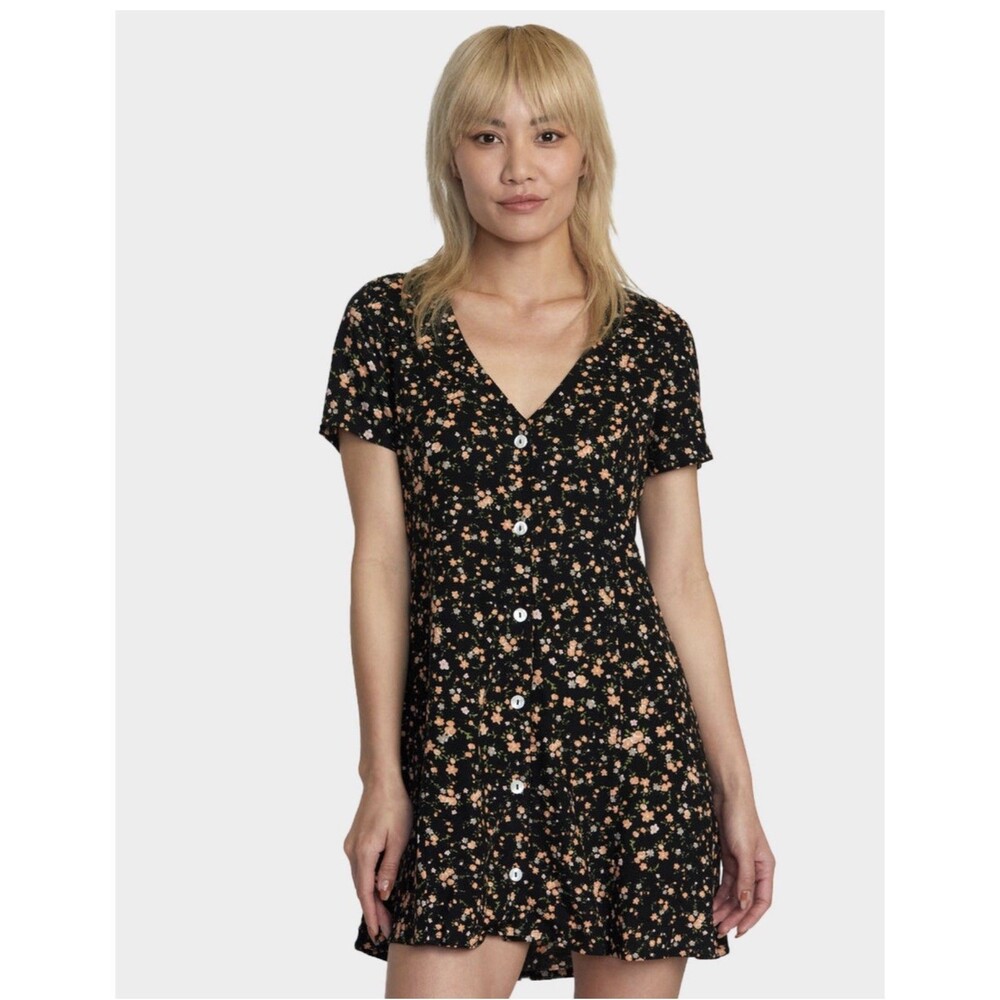RVCA Understated Mini Dress Black Floral Women's Size Small Button Down